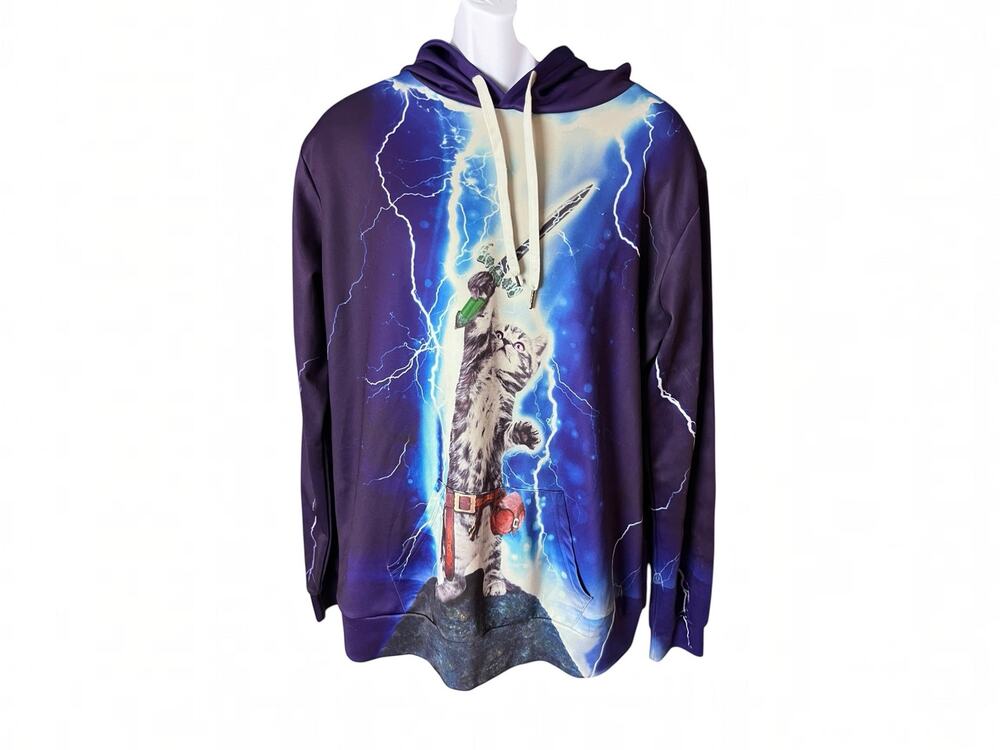 Newcosplay 4X Cat Sword Lightning Graphic Hoodie Purple Fantasy Gaming Tunic